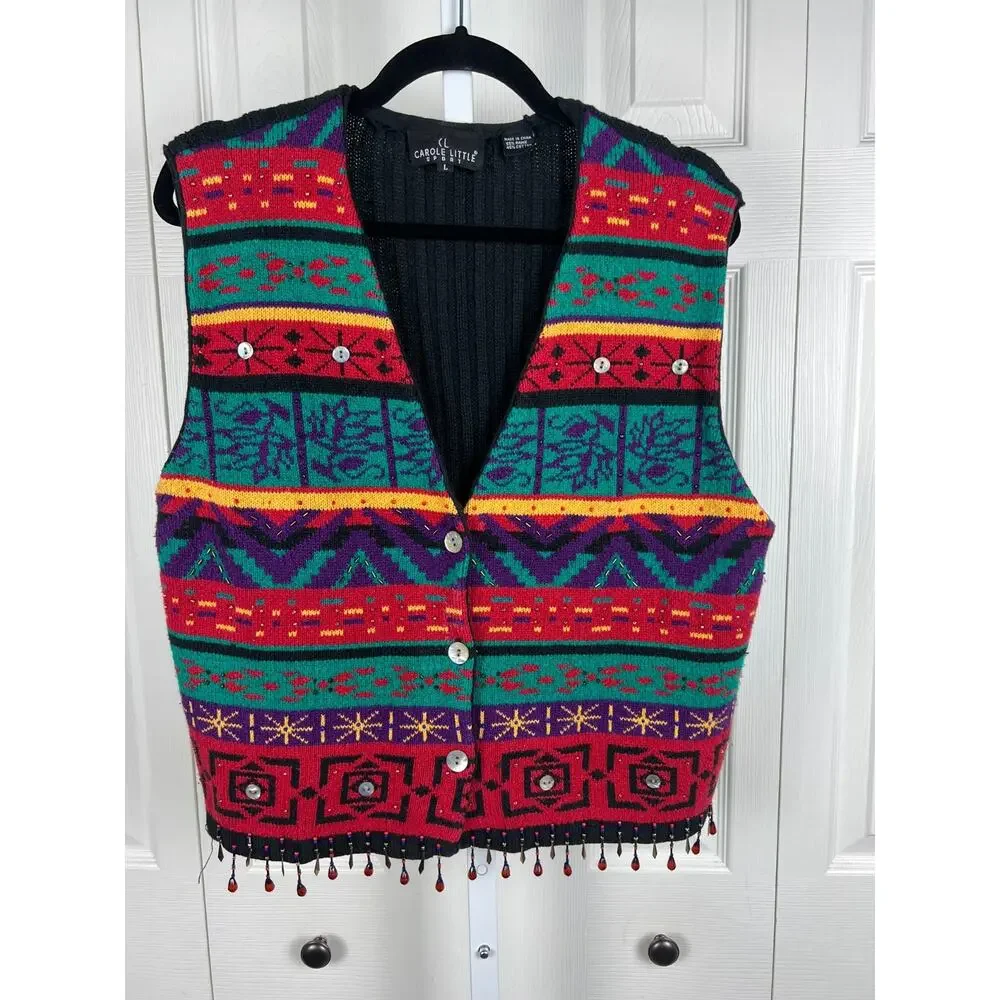 90s Carole Little Beaded Fringe Sweater Vest Colorful‎ Boho Festival L